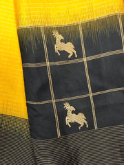 KSS406 Pure handloom kanchipuram silk Saree in yellow with black gold zari border.comes with stitched blouse size 40,can be altered to 44 size.