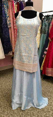 AFL2029- Banarasi silk suit come with gold Zaria work on top.Comes with sharara pant and necklace dupatta.