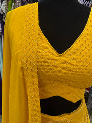 AFL2009-Yellow bead work lehenga with floral work and dupatta