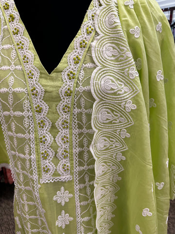 Pnk408: Beautiful long kurta, pants, and dupatta in Green and Peach