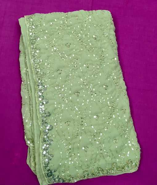 AFL3064 Partywear georgette saree in light green with silver sequin and bead embroidery work.Comes with stitched blouse size 40,can be altered to 44 size.Fall peco done.