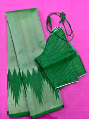 KSS423 Pure handloom kanchipuram silk Saree in bottle green with silver zari temple border. comes with stitched blouse size 40