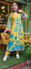 RFSS1607 - Styilsh Muslin floral V-neck with flare sleeves kurta pant.
