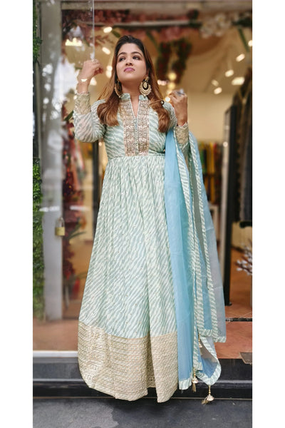 RFSS1608 - Lehriya organza embroidered manderian neck gown with dupatta.