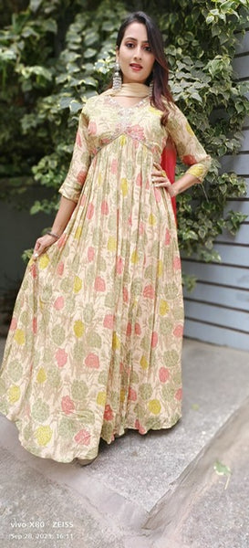 RFSS1612 -Elegant Beautiful Pure chinon Flower print embroidered stylish Aliya cut Gown with dupatta