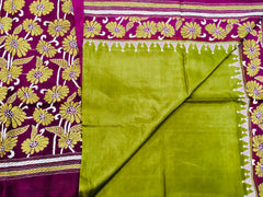 KSN228 Pure Silk Kantha Tussar Saree in green. Comes with stitched blouse. Fall peco done.