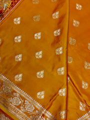 BKS119 Banarasi Mashru silk Saree in yellow. Comes with gold zari work. Comes with stitched blouse size 38 can be altered to size 42. Fall peco done.