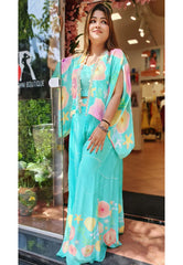 RFSS1757 - Partywear dress in Pure Crepe. Comes with Digital print Sharara, Crop Top, and Jacket