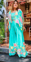 RFSS1757 - Partywear dress in Pure Crepe. Comes with Digital print Sharara, Crop Top, and Jacket
