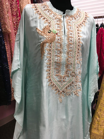 KKD008 - Pink and blue kaftan with beautiful work and bird design and pants