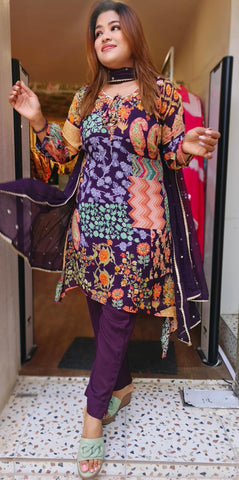 RFSS1738 - Pure Chinnon Digital Print Mirror Work embroidered Kurta. Comes with Palazzo pants and A-line dupatta