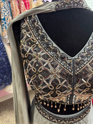 AFL2020- Grey beautiful bead work blouse with dhoti skirt and dupatta