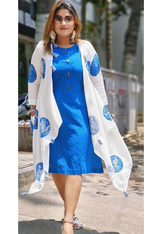 RFSS1754 - Summer linen cotton dress with printed jacket