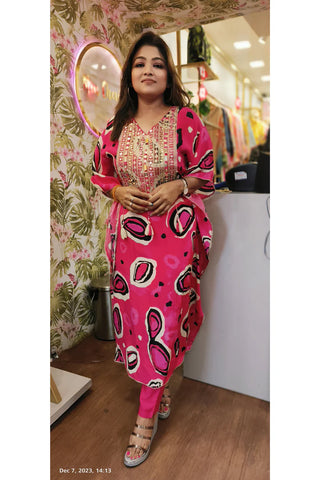 RFSS1762 - Pure Crepe Partywear kaftan in Dark Pink with heavy embroidery on yoke. Comes with straight pants