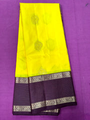 KSS413 Pure handloom kanchipuram silk Saree in yellow with brown gold zari border.comes with stitched blouse size 40,can be altered to 44 size.