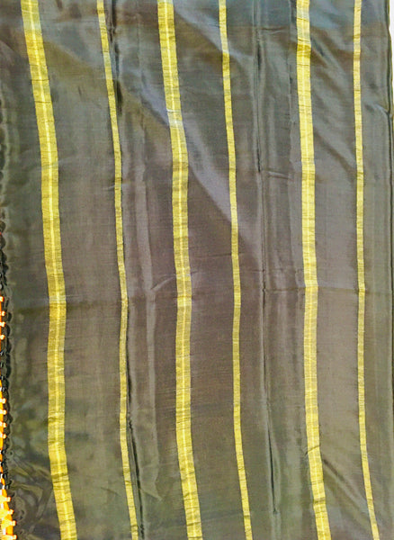 AMS1019 Pure Mysore Crepe silk Saree in mustard yellow with black gold zari border. Comes with unstitched blouse.
