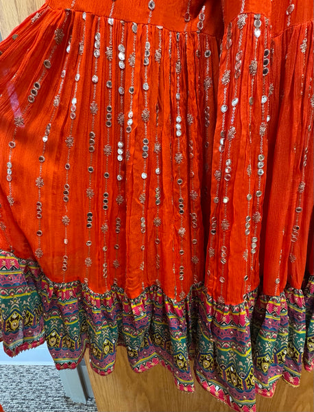 DPP005-Short orange kurti with gharara, dupatta, and potli and heavy mirror work