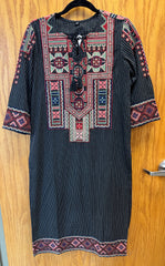 JPD024-Black long kurti and pants with white stripes and embroidery pattern