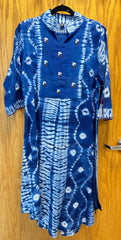 JPD018-Blue long dress with white blooming pattern and embroidered button flowers