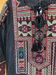 JPD024-Black long kurti and pants with white stripes and embroidery pattern