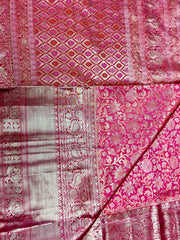 KSS409 Pure kanchipuram silk Saree in pink with gold zari border.comes with stitched blouse size 40,can be altered to 44 size.