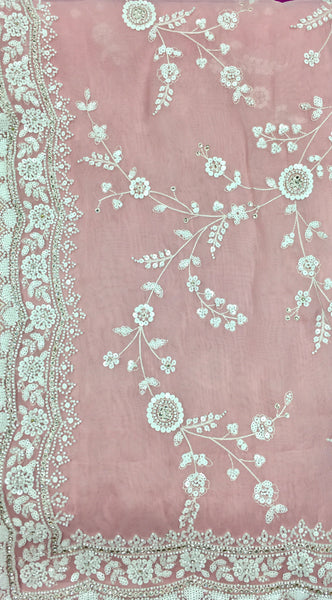AFL3041 Partywear saree in light pink organza saree with white bead and sequin embroidery work.comes with stitched blouse size 40,can be altered to 44 size.Fall peco done.