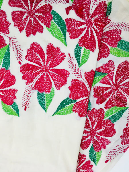 KSN221 Pure Silk Kantha Tussar Saree in beige. Comes with stitched blouse. Fall peco done.