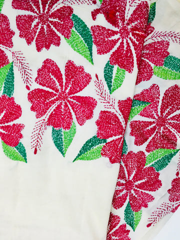 KSN221 Pure Silk Kantha Tussar Saree in beige. Comes with stitched blouse. Fall peco done.