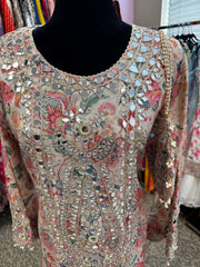 Pnk432: White, Blue, and Brown Long Kurti Gowns  and Potli