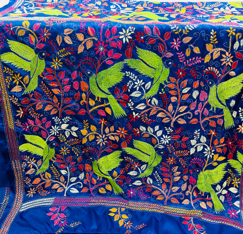 KSN210 Semi Silk nakshi kantha saree in blue with multi color.Come with stitched blouse. Fall peco done.