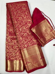 KSS518 Pure kanchipuram handloom silk Saree in red color with gold zari border. comes with stitched blouse size 40,can be altered to 44 size.