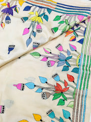 KSN219 Pure Silk Kantha Tussar Saree in beige. Comes with stitched blouse. Fall peco done.