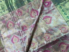 KSS512 Pure kanchipuram tissue silk Saree in pink with green color gold zari border. Comes with stitched blous.