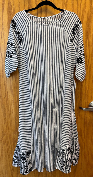 JPD002-Blue and white striped long dress with flower embroidery on sleeves and bottom