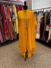 Pnk436: Orange and Yellow long Kurti with Cape and Pants and dupatta