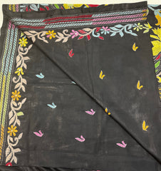 KSN204: Semi Silk Kantha Tusser Saree in black hand work design. Fall Peco done. Comes with stitched Blouse size 38 it can be altered to 44 size.