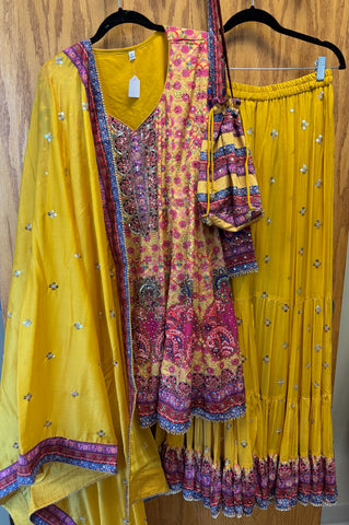 DPP014-Yellow short kurti with gharara, dupatta, and potli with heavy mirror work