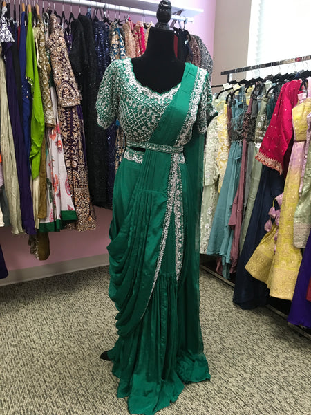 KKD017 - Green half saree with beautiful work on blouse and a belt