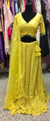 AFL4002 Wedding lehenga in yellow comes with heavy embroidery and sequin work.comes with net dupatta and stitched blouse.