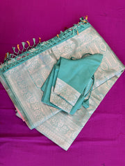 Banarasi Tussari  saree in Blue with Gold  zari border.Fall peco done. Comess with stitched blouse size 38 can be altered up to 44 size.