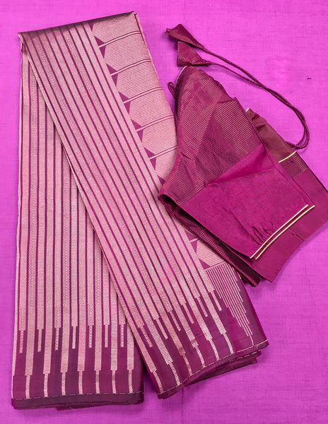 KSS442 Pure handloom kanchipuram silk Saree in purple with gold zari border. Comes with stitched blouse size 40