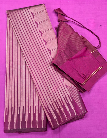 KSS442 Pure handloom kanchipuram silk Saree in purple with gold zari border. Comes with stitched blouse size 40
