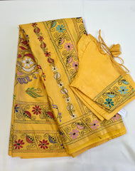 KSN203 - Semi Silk Kantha Tusser Saree in yellow hand work design. Fall Peco done. Comes with stitched Blouse size 38 it can be altered to 44 size.