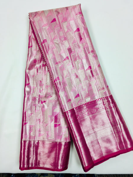 KSS515 Pure kanchipuram tissue silk Saree in light pink with pink gold zari border. comes with stitched blouse size 40,can be altered to 44 size.