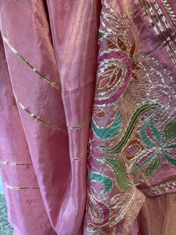 DPP010-Pink long dress with pants and dupatta and golden shine and work on borders