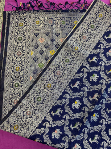 semi silk banarasi Saree in Blue with Zari Border. Comess with stitched blouse size 38 can be altered up to 44