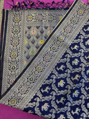 semi silk banarasi Saree in Blue with Zari Border. Comess with stitched blouse size 38 can be altered up to 44