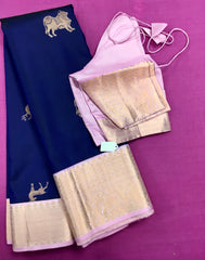 KSS459 Pure handloom kanchipuram silk Saree in blue with purple gold zari border.comes with stitched blouse size 40,can be altered to 44 size.