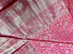 KSS409 Pure kanchipuram silk Saree in pink with gold zari border.comes with stitched blouse size 40,can be altered to 44 size.