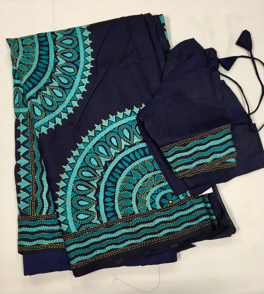 KSN226 Pure Silk  Kantha Tussar Saree in blue. Comes with stitched blouse. Fall peco done.